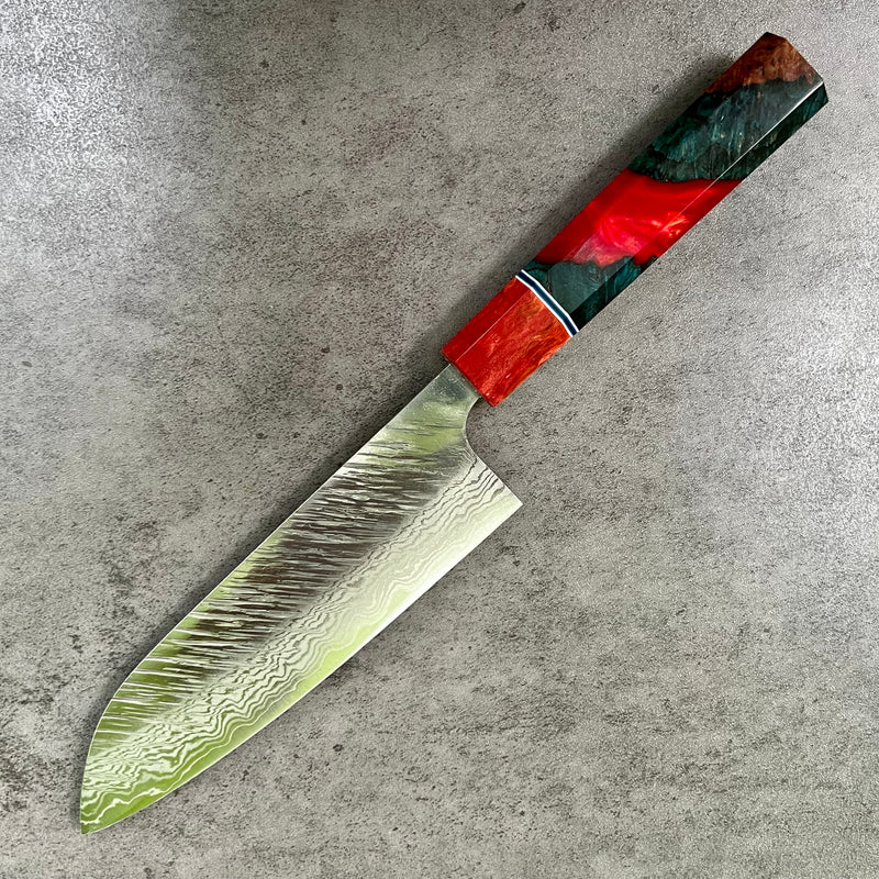 Custom Yu Kurosaki Fujin Hammered 165  Santoku -  Chef Knife- Dyed Chechen burl hybrid