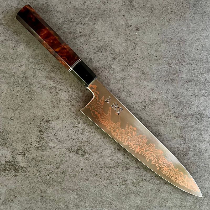 Custom Hatsukokoro Yorokobi SLD Copper Suminagashi Gyuto 240 mm - Desert Ironwood burl