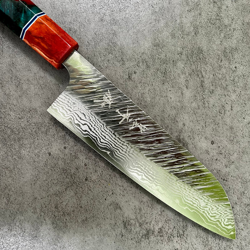 Custom Yu Kurosaki Fujin Hammered 165  Santoku -  Chef Knife- Dyed Chechen burl hybrid