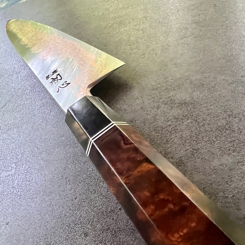 Custom Hatsukokoro Yorokobi SLD Copper Suminagashi Gyuto 240 mm - Desert Ironwood burl