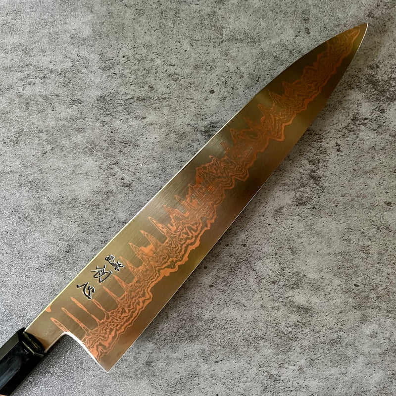 Engraved 210mm gyuto, my first attempt on leather sheath for a chef knife :  r/Bladesmith