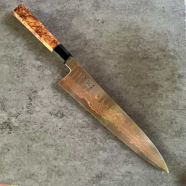 Custom Hatsukokoro Yorokobi SLD Copper Suminagashi (墨 流 し)  Gyuto 270 mm -  Honduran Rosewood burl and horn