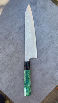 Custom Masakage Kiri VG10 Damascus Gyuto 210: Green Dyed Mango and Horn