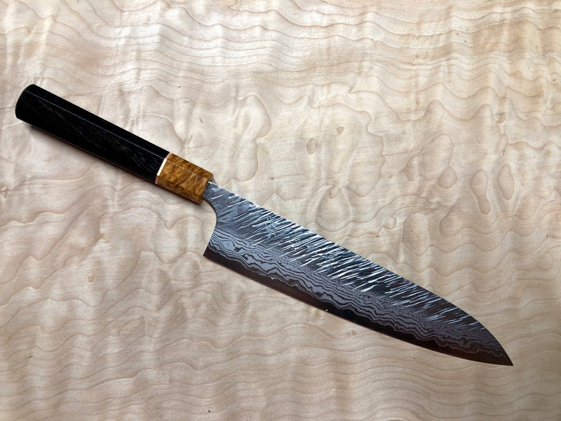 Custom Yu Kurosaki Fujin Hammered 240mm (10”) Gyuto Chef Knife with Gabon Ebony and Amboyna burl and copper