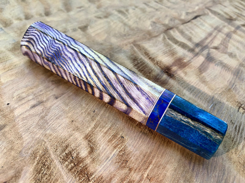 Custom Japanese Knife Handle (Wa Handle) - Curly Ash with Amethyst Inlay and Spalted Maple