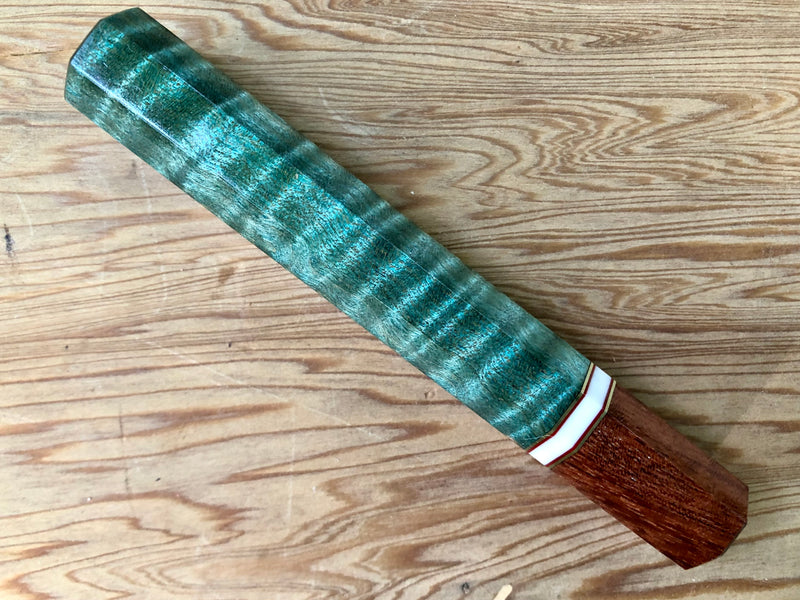 Custom Japanese Knife handle (wa handle)  for 240mm - Sea green dyed curly maple with Honduran rosewood
