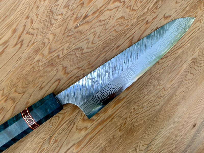 Custom Yu Kurosaki Fujin Hammered 210mm (8”) Gyuto Chef Knife with Quilted maple