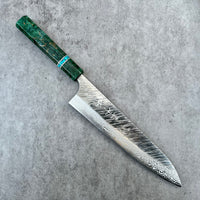 Custom Yu Kurosaki Fujin VG10 Hammered 240mm (10”) Gyuto Chef Knife- Green dyed Karelian birch and turquoise