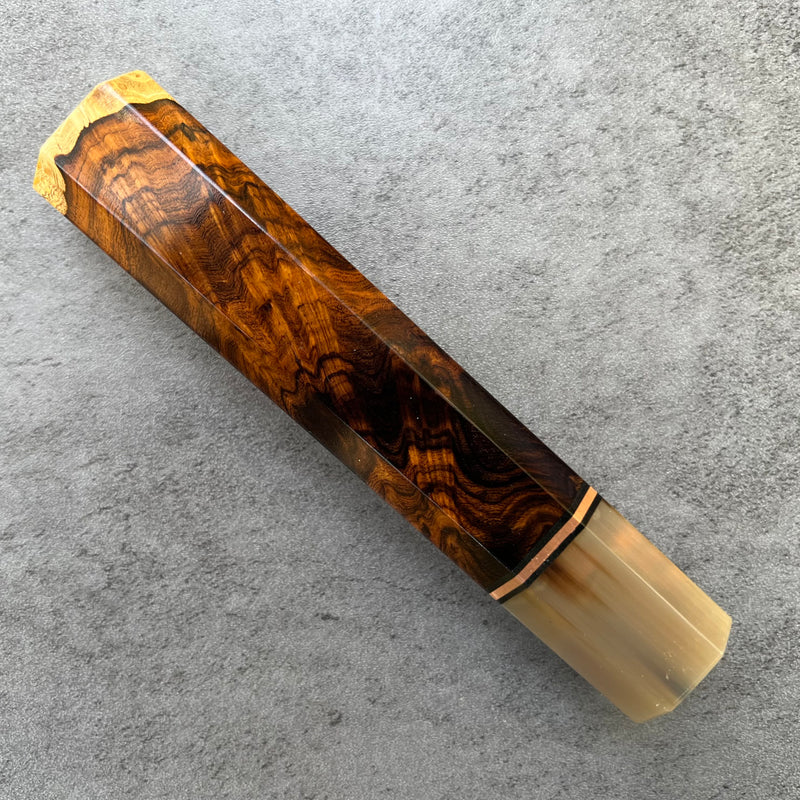 Custom Japanese Knife handle (wa handle)  for 240 mm: Desert Ironwood Burl, copper and blonde horn