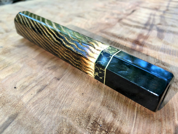 Custom Japanese Knife Handle (Wa Handle) - Burnt Curly Ash with Bronze Inlay and Buffalo Horn