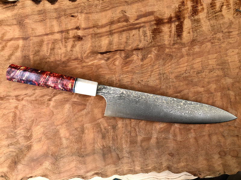 Custom Kobayashi Damascus SG2 Gyuto Chef Knife  210mm (8") - Box elder burl