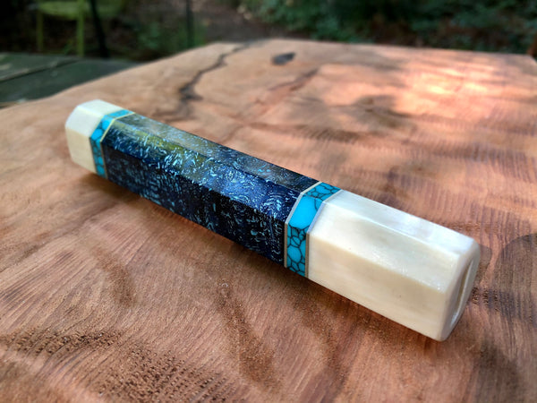 Custom Japanese Knife Handle (Wa Handle) - Inlay Dyed Mango Burl with Turquoise and Faux Ivory