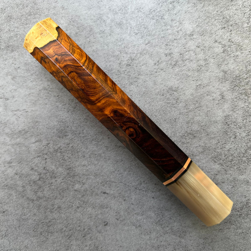 Custom Japanese Knife handle (wa handle)  for 240 mm: Desert Ironwood Burl, copper and blonde horn