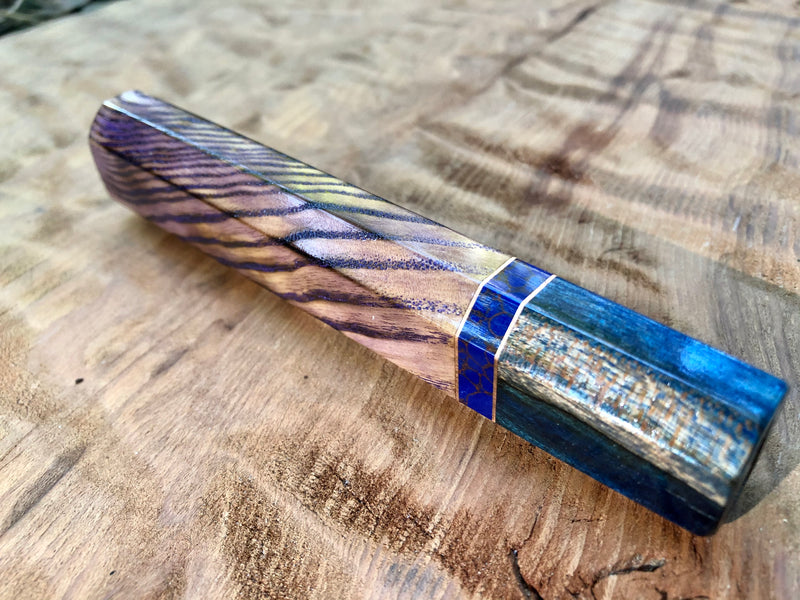 Custom Japanese Knife Handle (Wa Handle) - Curly Ash with Amethyst Inlay and Spalted Maple