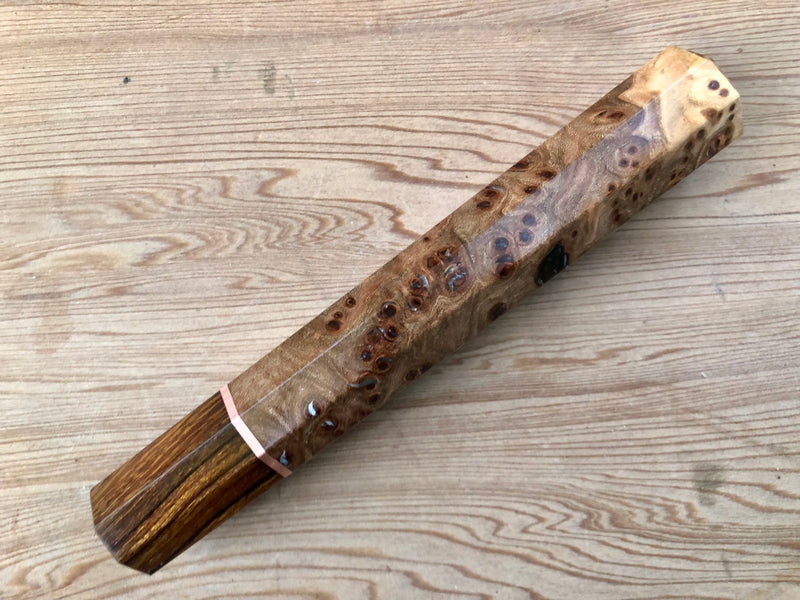 Custom Japanese Knife handle (wa handle) for 210mm - Japanese elm burl and desert ironwood