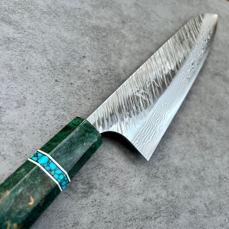 Custom Yu Kurosaki Fujin VG10 Hammered 240mm (10”) Gyuto Chef Knife- Green dyed Karelian birch and turquoise